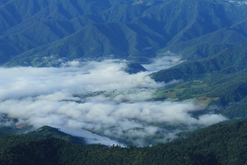 Aerial view of cloud-covered mountains and lush green ridges at Doi Pha Hom Pok National Park.