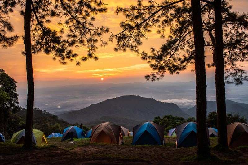 Sunset with tents and pine trees overlooking mountain landscape at Doi Pha Hom Pok National Park.