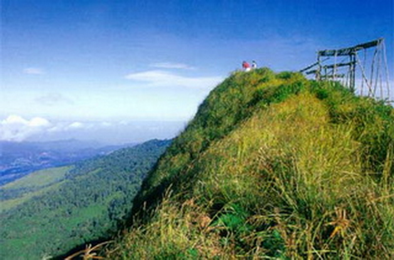 Grassy hill with a wooden platform and scenic sky view at Doi Pha Hom Pok National Park.