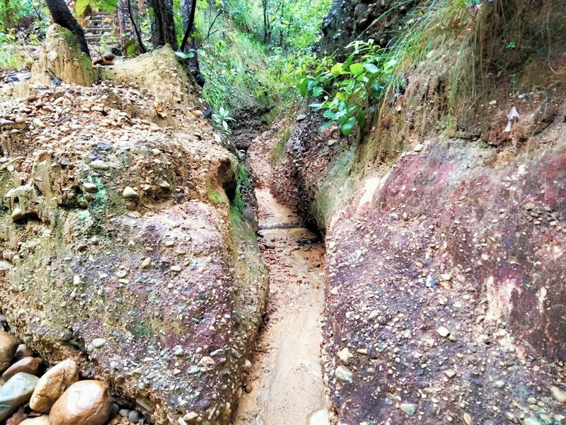 A small dirt trail flanked by large weathered rocks and lush green trees at Pha Chor.
