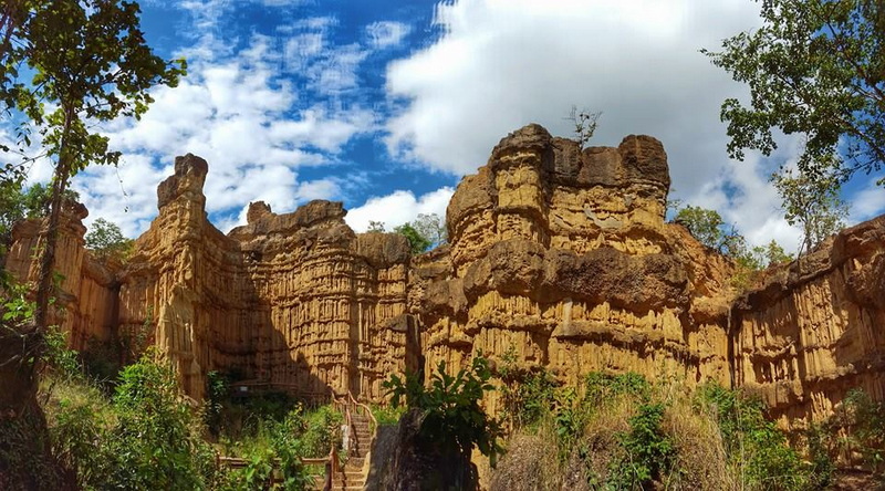 Scenic Rock Formations at Pha Chor Tall layered sandstone cliffs with green trees and a partly cloudy sky above at Pha Chor.
