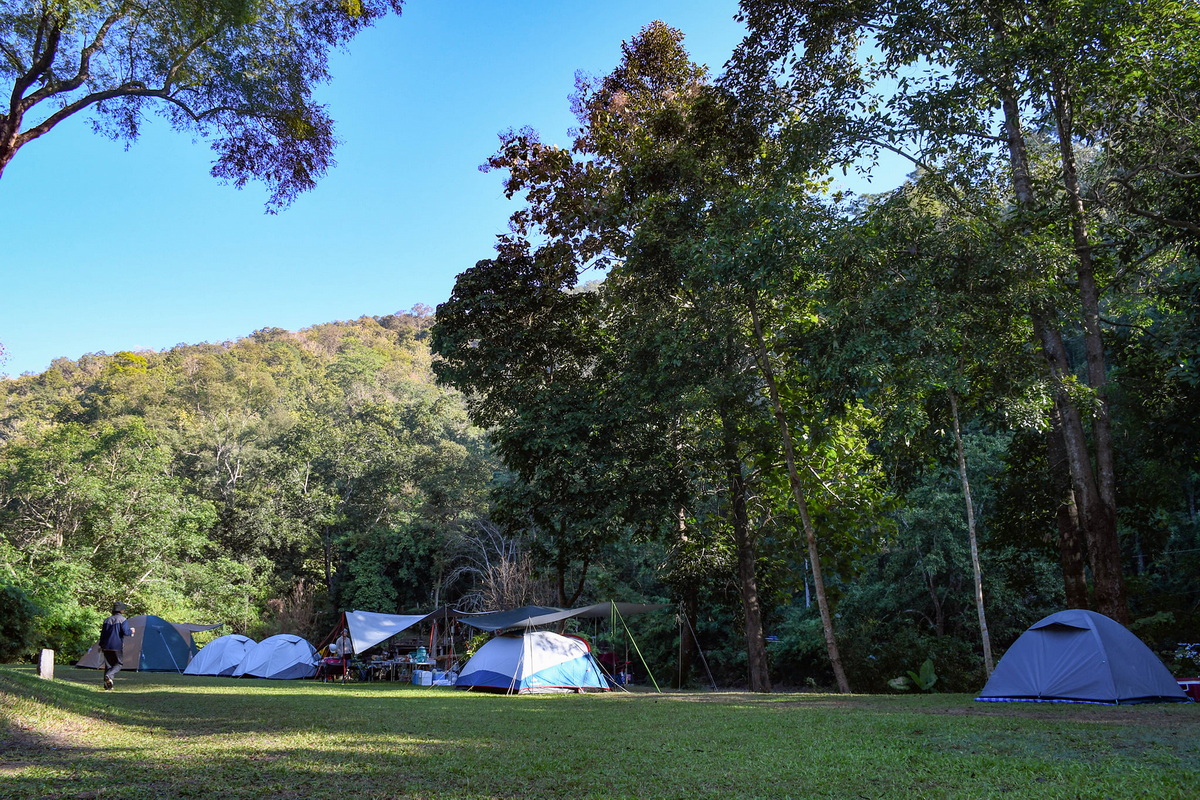 Scenic Camping Ground at Ob Khan National Park Camping tents set up on grass beneath tall trees with mountain in background at Ob Khan National Park.