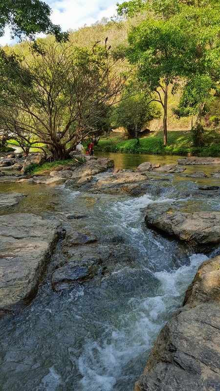 Quiet river flowing over rocks surrounded by trees and grass in a natural setting at Ob Khan National Park.