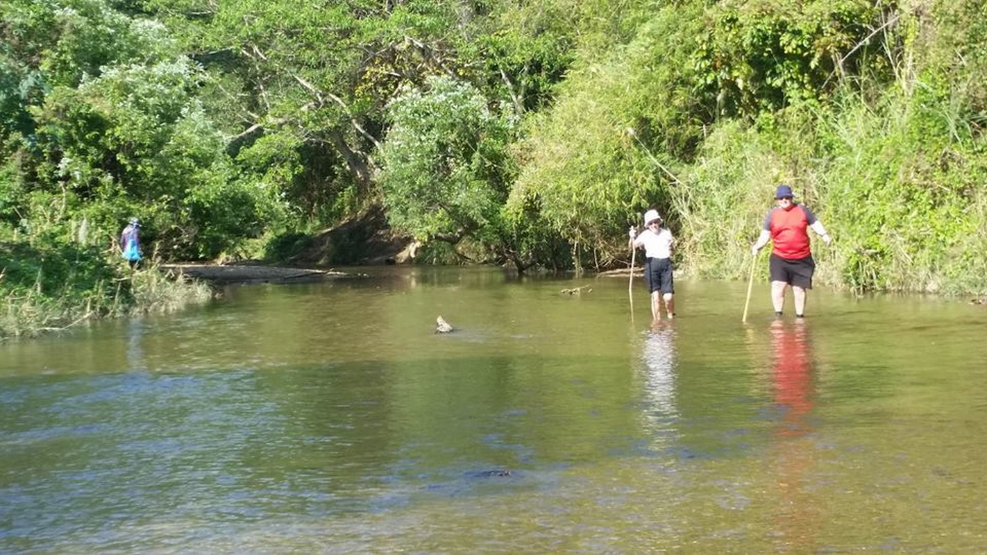 Three people walking through a shallow river with dense green trees around them at Ob Khan National Park.