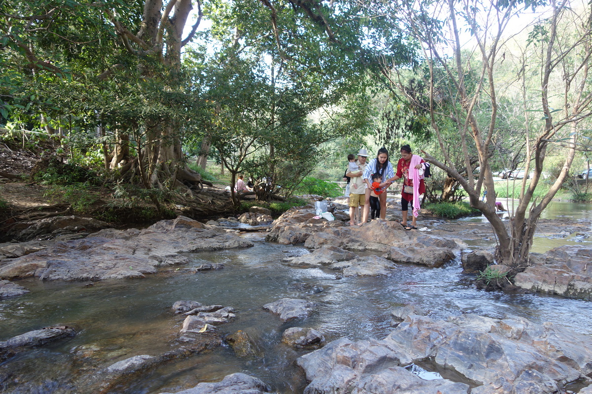 People standing on rocks crossing a clear stream surrounded by trees in a dense forest at Ob Khan National Park.