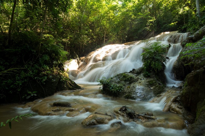 A waterfall surrounded by dense green trees and rocks in a forest setting at Pha Daeng National Park.