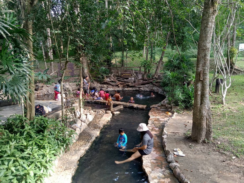 People enjoying a natural hot spring in a lush, wooded area at Pha Daeng National Park.