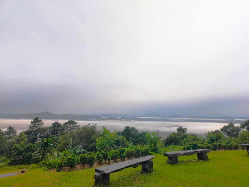 Scenic Overlook with Fog and Hills at Sri Lanna National Park View of green grass, benches, fog over distant hills, and cloudy sky in a natural setting at Sri Lanna National Park.