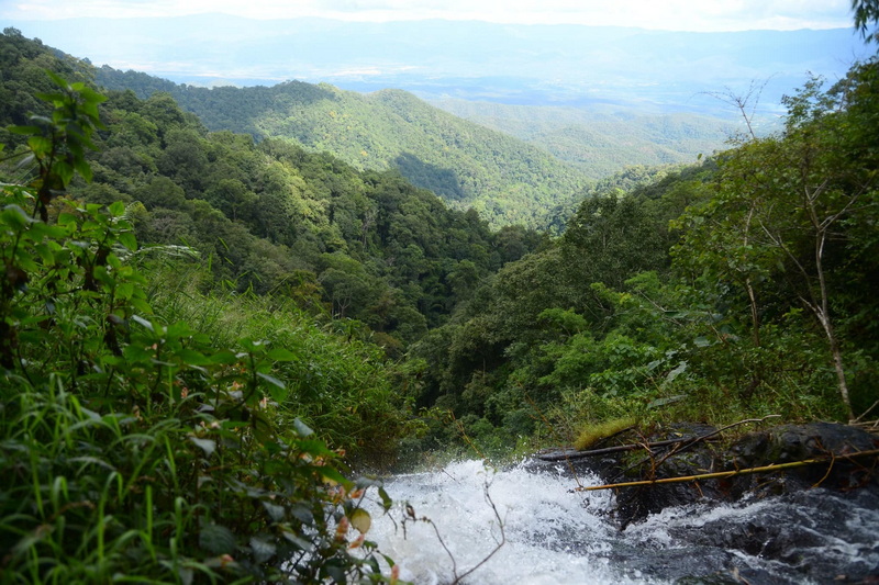 A small waterfall with flowing water among lush green trees in a forested area at Sri Lanna National Park.