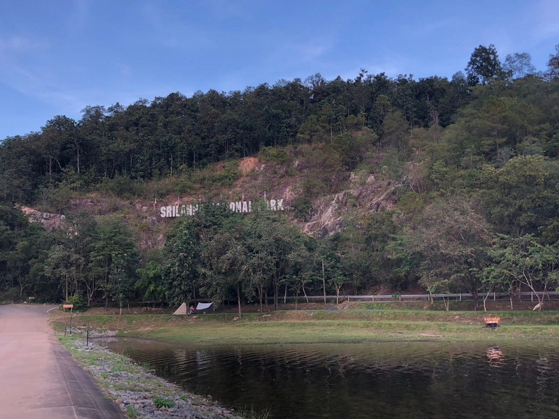Hillside with dense trees and a large park sign on a slope at Si Lanna National Park.