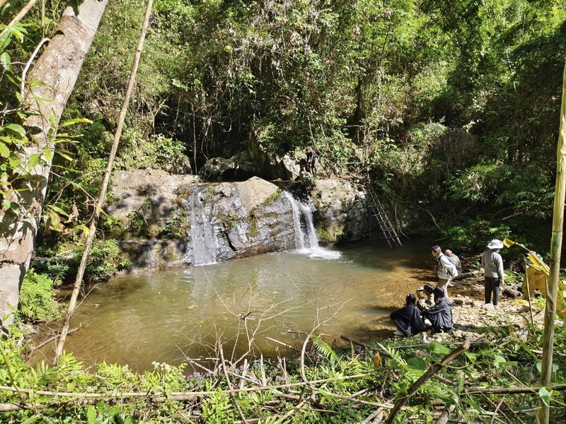Forest Waterfall and Pond at Si Lanna National Park People enjoying a small waterfall and pond in lush forest surroundings at Si Lanna National Park.