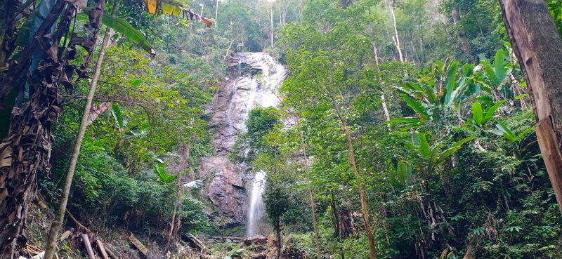 Waterfall flowing down a rocky cliff surrounded by lush greenery at Sri Lanna National Park.