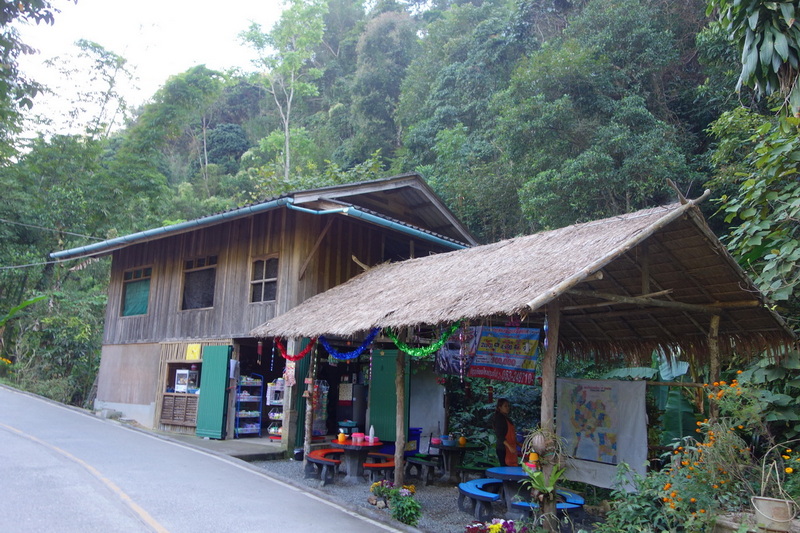 Wooden building with thatched roof and colorful decorations in a green forest setting at Mae Kanpong Village.