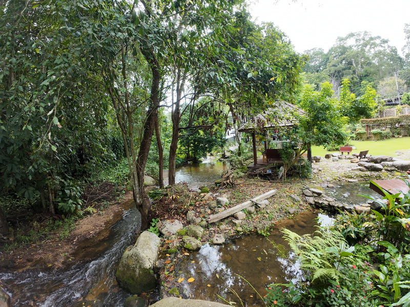 Stream flowing past trees and a wooden pavilion with rocks around at Pang Hi Village.