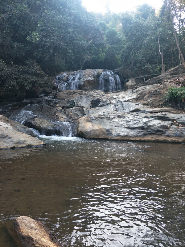 Serene Forest Waterfall at Mae Sa Waterfall Small waterfall cascading over rocks into a pool with lush forest surroundings at Mae Sa Waterfall.