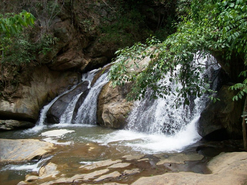 Serene Waterfall in Nature at Mae Sa Waterfall Small waterfall cascading over rocks into a pool amidst lush greenery at Mae Sa Waterfall.
