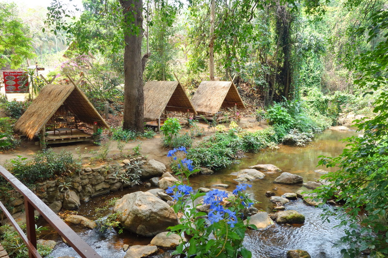 Stream with rocks and thatched huts in a dense green forest setting at Mae Sa Waterfall.