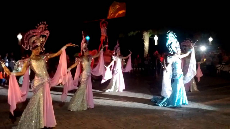 Night Dance Performance at Chiang Mai Night Safari Performer in elaborate costume dancing outdoors at night with colorful lights at Chiang Mai Night Safari.